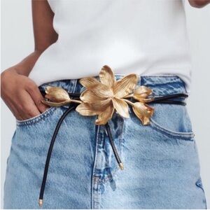 New! Gold Flower Leather Statement Cord Belt NWOT